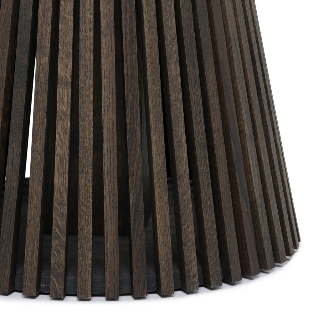 Round extendable solid wood dining table with wood pipe legs in dark oak.