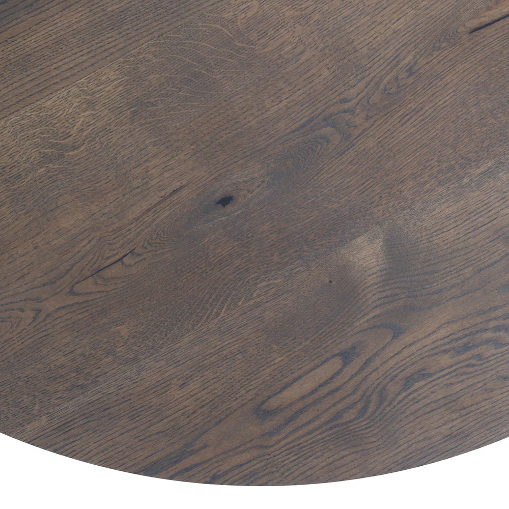 Round extendable solid wood dining table with wood pipe legs in dark oak.