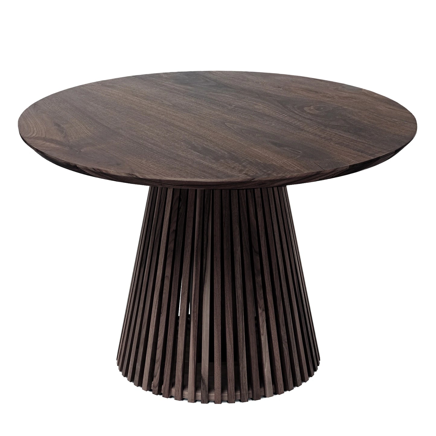 Custom round dining table handcrafted from FSC-certified solid charcoal walnut wood, featuring an extendable design with a minimalist wood pipe leg base. A premium, sustainable piece blending timeless elegance, modern functionality, and bespoke craftsmanship — ideal for stylish, contemporary interiors.