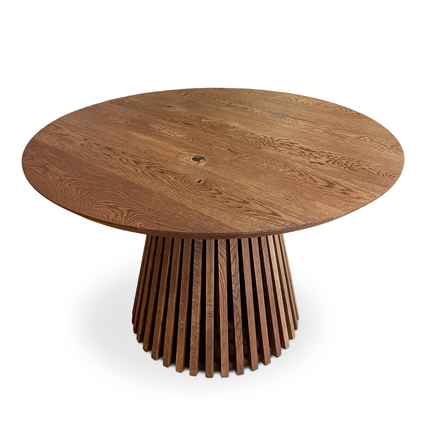 Custom round dining table, extendable and expandable, solid FSC oak with pipe leg base, sustainable, handmade furniture delivered across Europe.