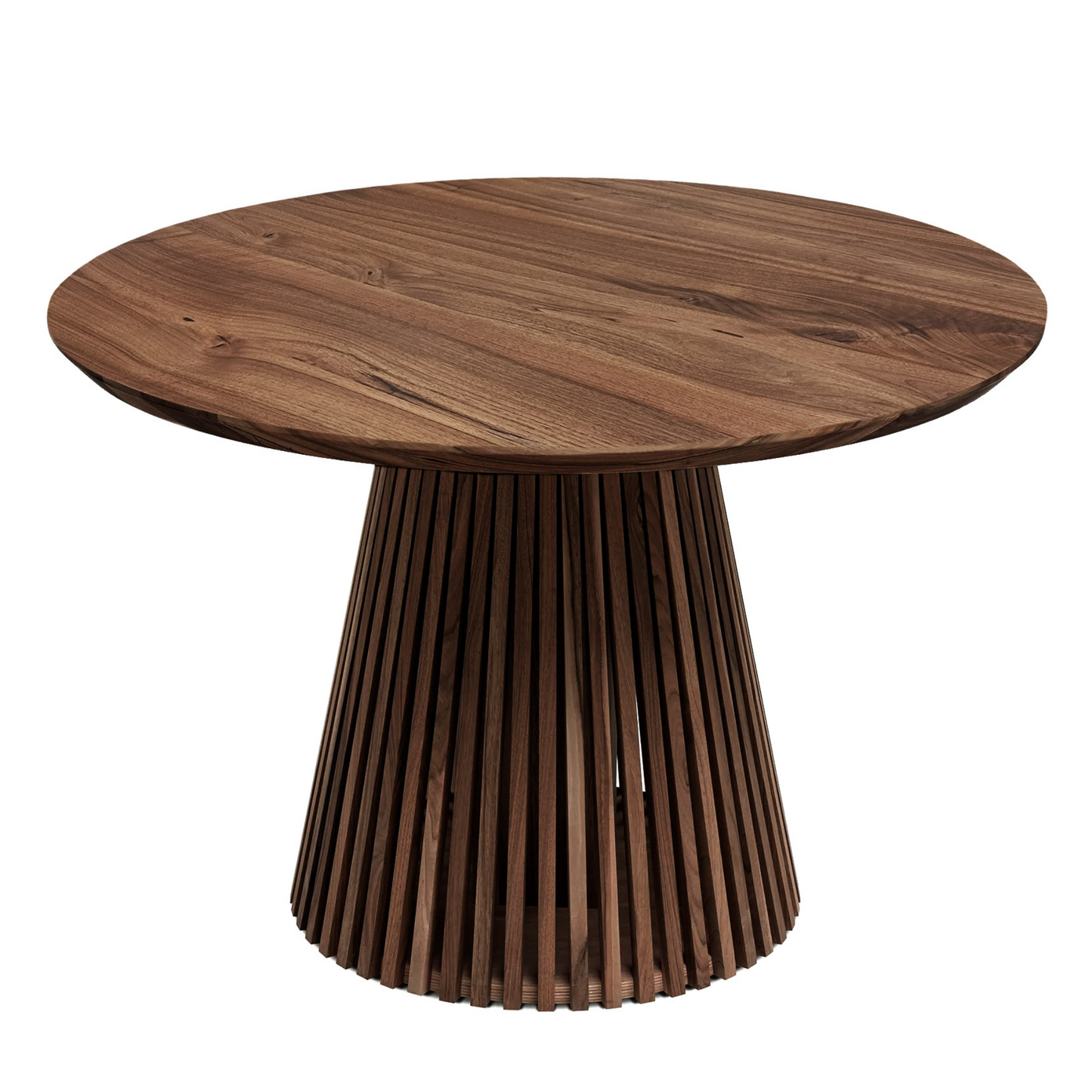 Custom round dining table handcrafted from FSC-certified solid charcoal walnut wood, featuring an extendable design with a minimalist wood pipe leg base. A premium, sustainable piece blending timeless elegance, modern functionality, and bespoke craftsmanship — ideal for stylish, contemporary interiors.