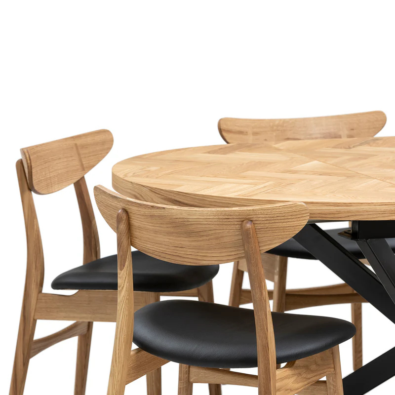 Solid Wood Round Extendable Dining Table With Herringbone Top and Metal Star Legs!