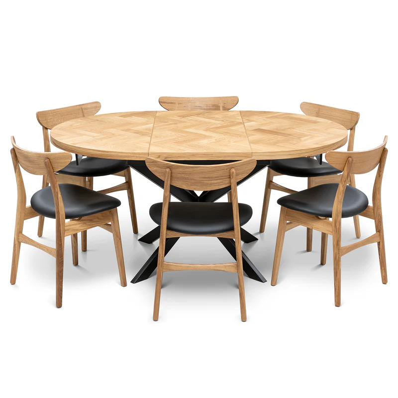 Solid Wood Round Extendable Dining Table With Natural Oak Herringbone Top and Metal Star Legs!