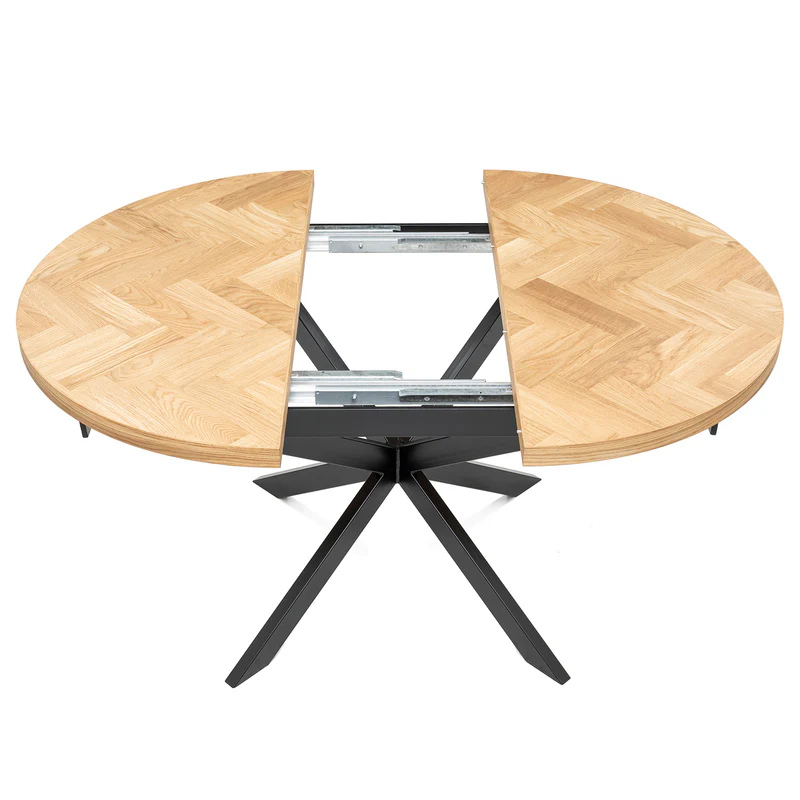 Solid Wood Round Extendable Dining Table With Natural Oak Herringbone Top and Metal Star Legs!