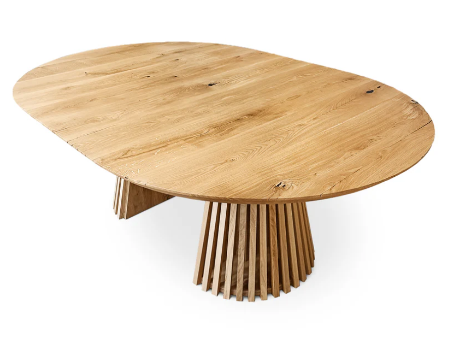 Custom round dining table, extendable and expandable, solid FSC oak with pipe leg base, sustainable, handmade furniture delivered across Europe.