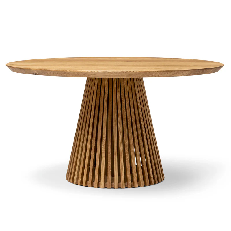 Custom round dining table, extendable and expandable, solid FSC oak with pipe leg base, sustainable, handmade furniture delivered across Europe.