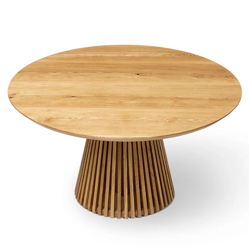 Custom round dining table, extendable and expandable, solid FSC oak with pipe leg base, sustainable, handmade furniture delivered across Europe.