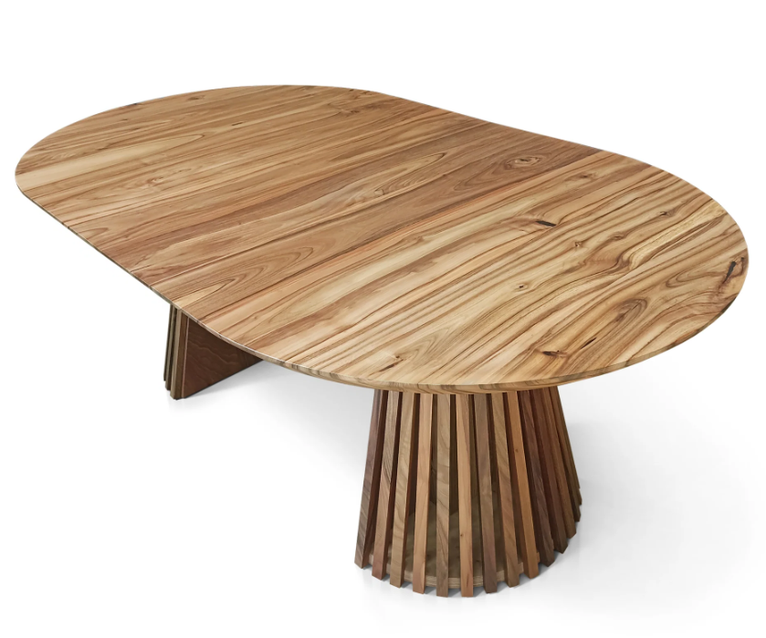 Custom round dining table handcrafted from FSC-certified solid charcoal walnut wood, featuring an extendable design with a minimalist wood pipe leg base. A premium, sustainable piece blending timeless elegance, modern functionality, and bespoke craftsmanship — ideal for stylish, contemporary interiors.
