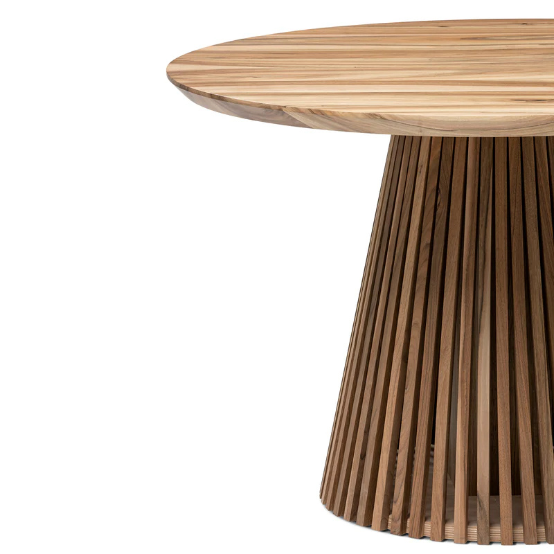 Custom round dining table handcrafted from FSC-certified solid charcoal walnut wood, featuring an extendable design with a minimalist wood pipe leg base. A premium, sustainable piece blending timeless elegance, modern functionality, and bespoke craftsmanship — ideal for stylish, contemporary interiors.