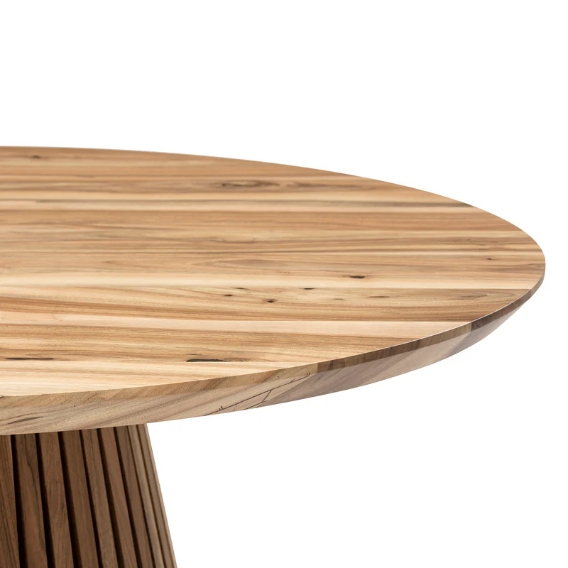 Custom round dining table handcrafted from FSC-certified solid charcoal walnut wood, featuring an extendable design with a minimalist wood pipe leg base. A premium, sustainable piece blending timeless elegance, modern functionality, and bespoke craftsmanship — ideal for stylish, contemporary interiors.