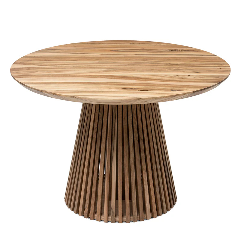 Custom round dining table handcrafted from FSC-certified solid charcoal walnut wood, featuring an extendable design with a minimalist wood pipe leg base. A premium, sustainable piece blending timeless elegance, modern functionality, and bespoke craftsmanship — ideal for stylish, contemporary interiors.