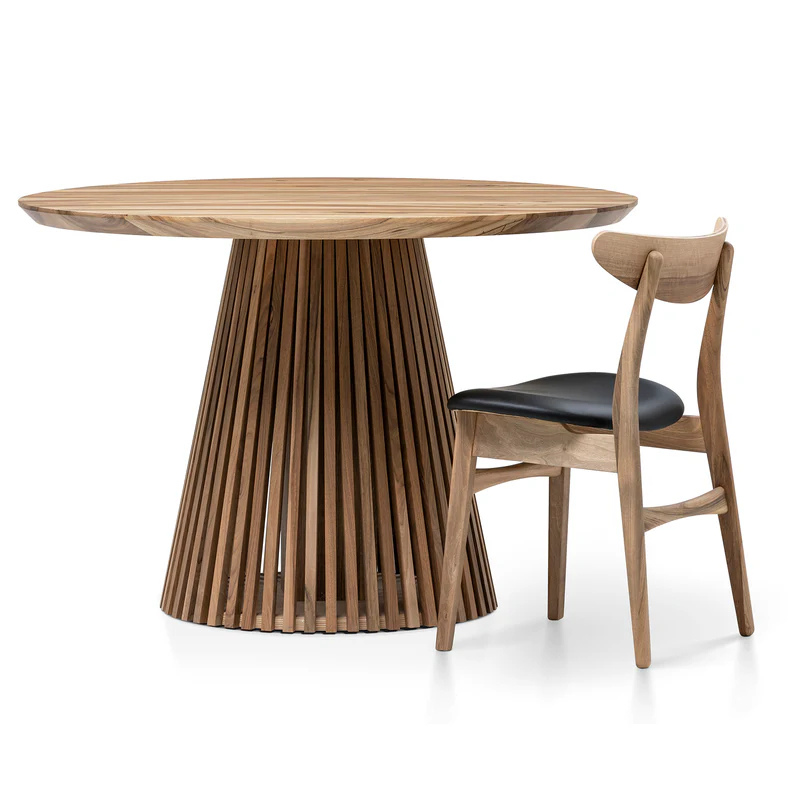 Custom round dining table handcrafted from FSC-certified solid charcoal walnut wood, featuring an extendable design with a minimalist wood pipe leg base. A premium, sustainable piece blending timeless elegance, modern functionality, and bespoke craftsmanship — ideal for stylish, contemporary interiors.