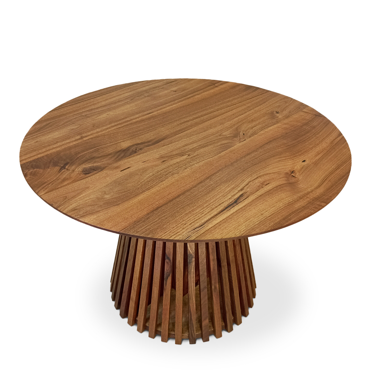Custom round dining table handcrafted from FSC-certified solid charcoal walnut wood, featuring an extendable design with a minimalist wood pipe leg base. A premium, sustainable piece blending timeless elegance, modern functionality, and bespoke craftsmanship — ideal for stylish, contemporary interiors.