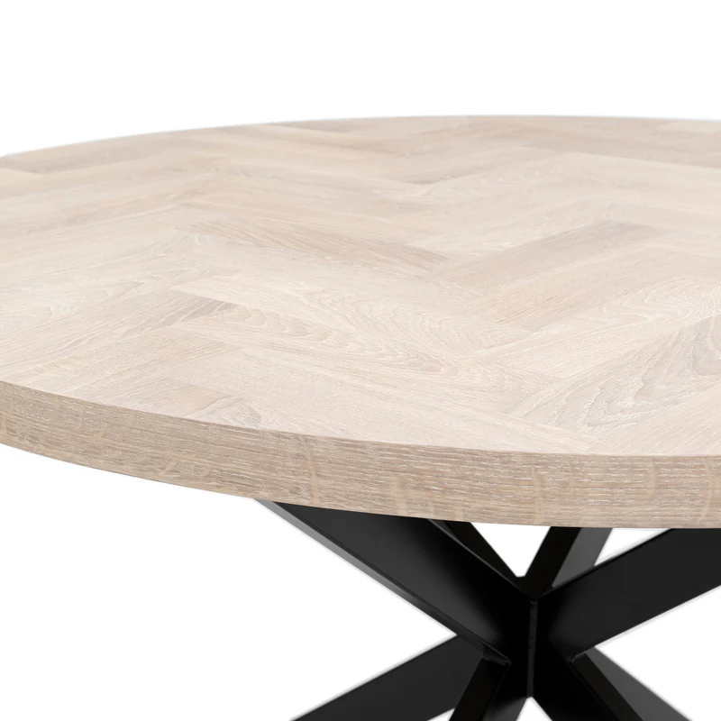 Solid Wood Round Extendable Dining Table With White Oak Herringbone Top and Metal Star Legs!