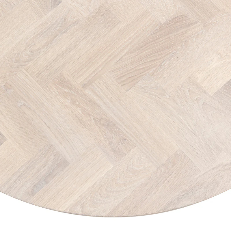 Solid Wood Round Extendable Dining Table With White Oak Herringbone Top and Metal Star Legs!
