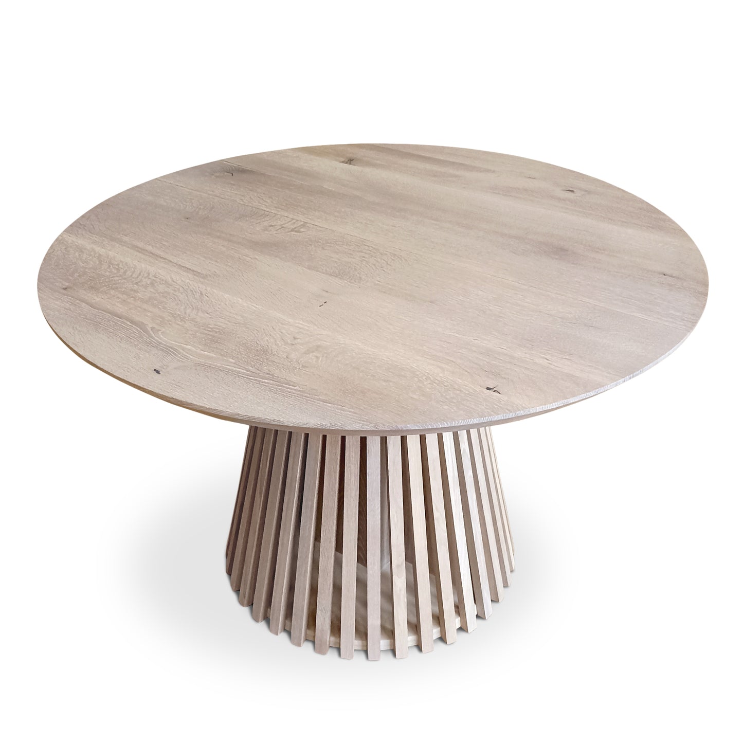 Custom round dining table, extendable and expandable, solid FSC oak with pipe leg base, sustainable, handmade furniture delivered across Europe.