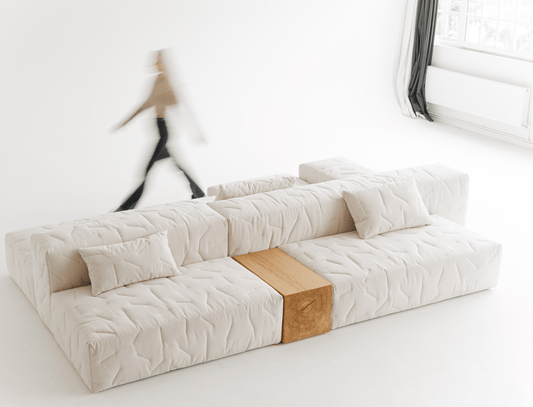 Grand canapé modulable en tissu de créateur avec bloc en bois