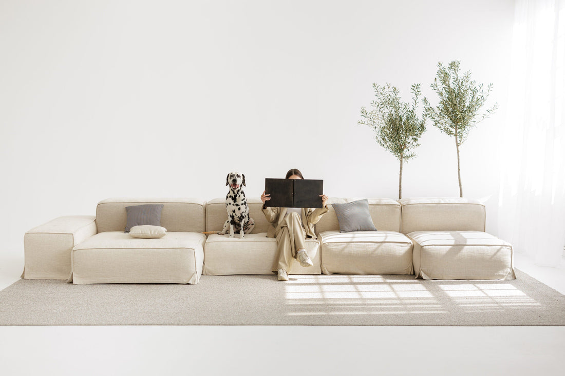 Sofá modular grande de lino beige, fabricado en Europa