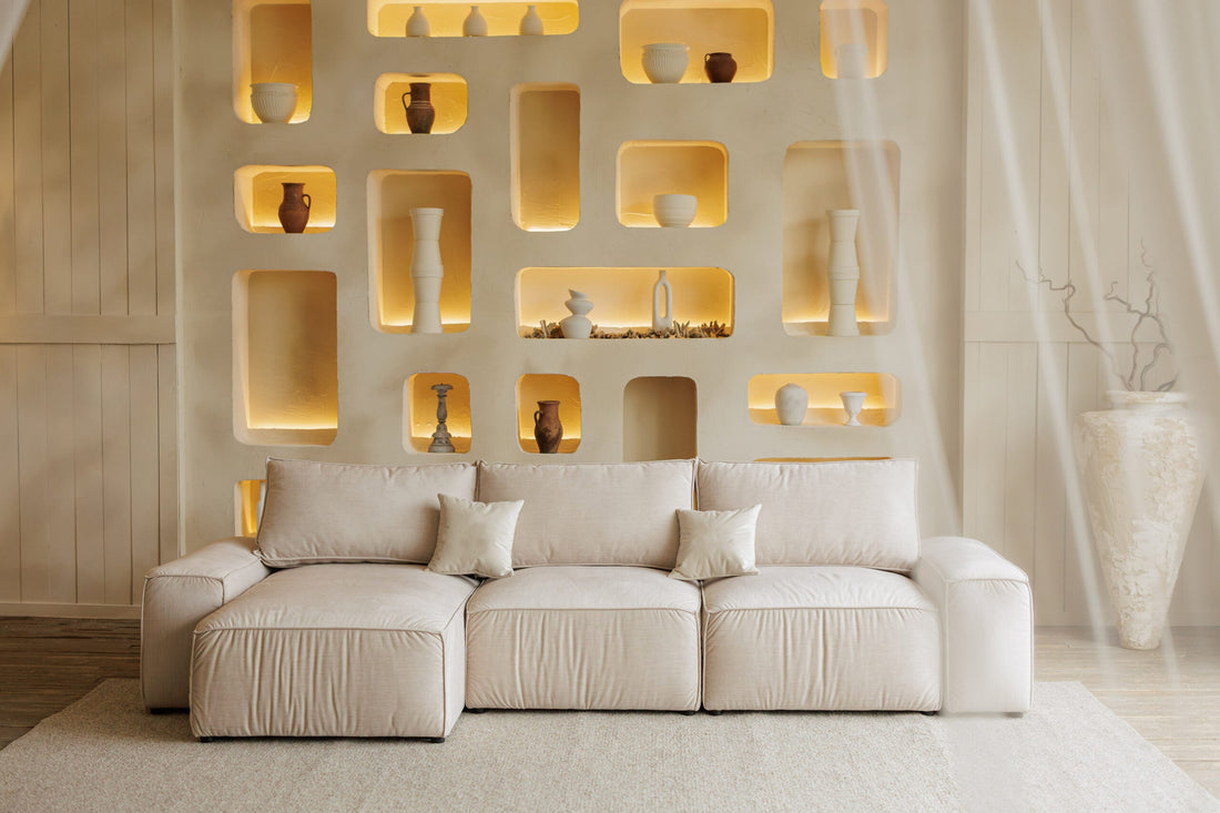 Divano letto allungabile beige con contenitore, consegna in Europa