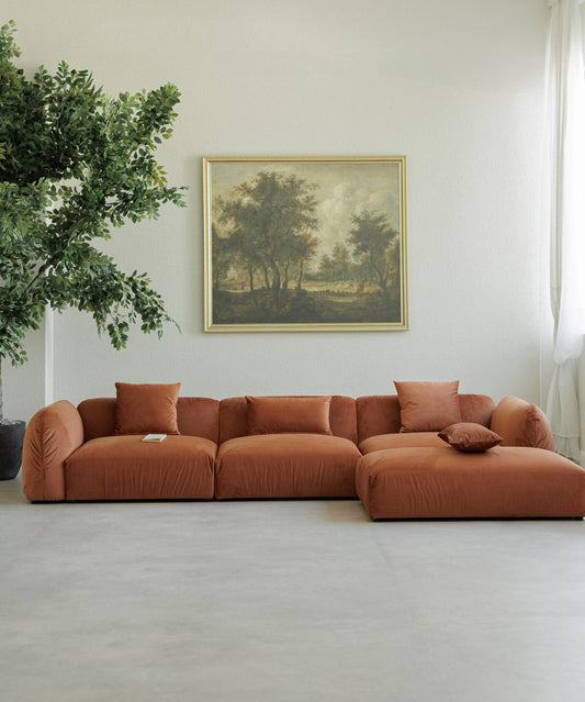 Canapé modulaire en velours orange avec ottoman, confectionné en Europe à partir de tissus premium