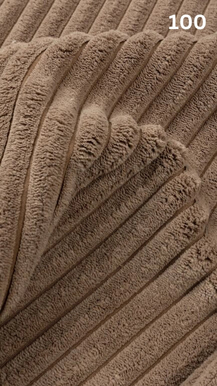 Close-up of brown textured premium corduroy fabric for sofas with a number '100' in the corner. 