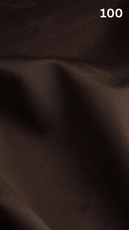 Premium velvet fabric for sofas in chocolate with a number '100' in the corner. 