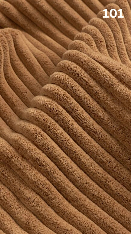 Close-up of brown textured premium corduroy fabric for sofas with a number '101' in the corner. 
