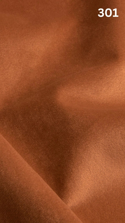 Premium velvet fabric for sofas in orange with a number '301' in the corner. 