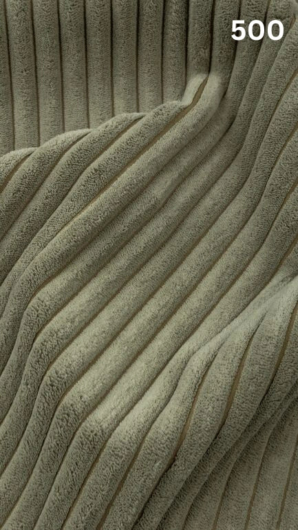 Close-up of green textured premium corduroy fabric for sofas with a number '500' in the corner. 