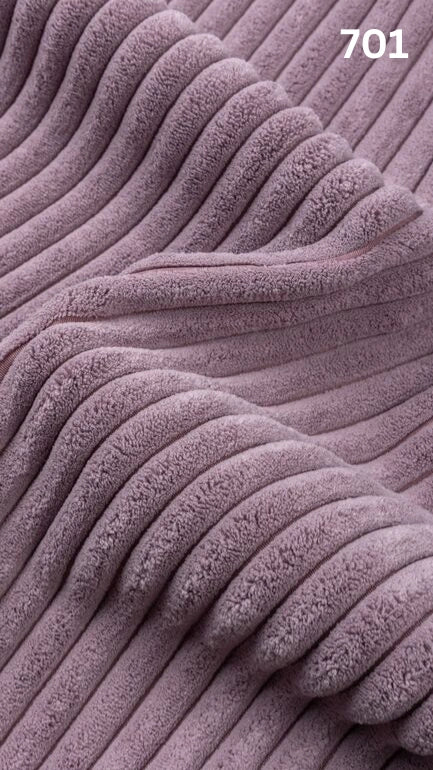 Close-up of violet textured premium corduroy fabric for sofas with a number '701' in the corner. 