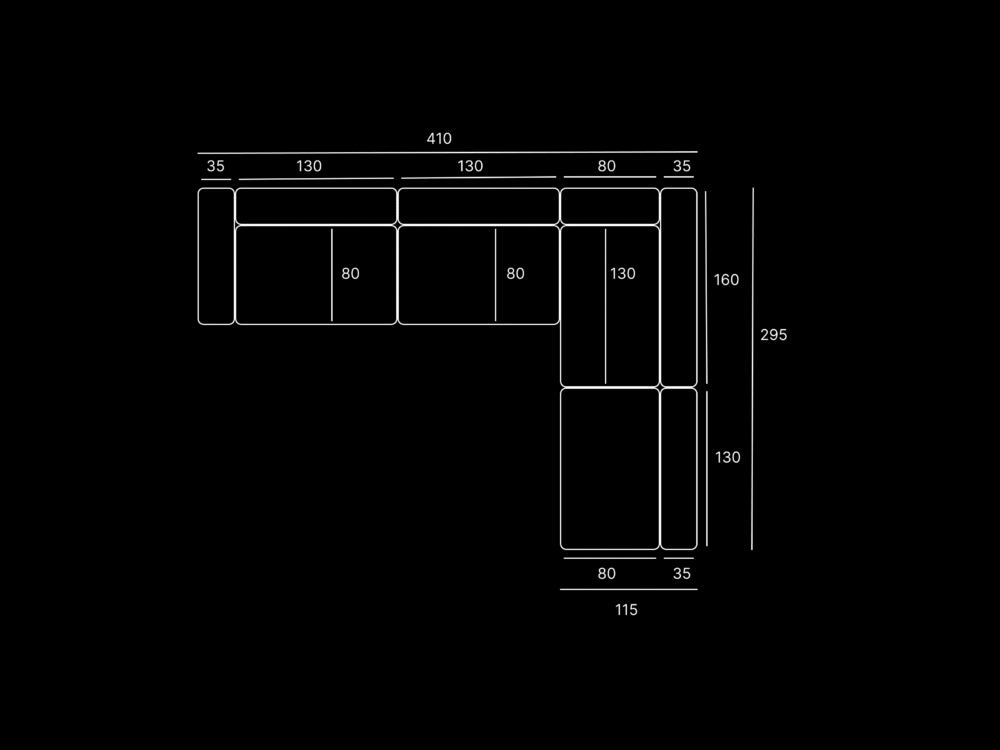 Technical drawing of an L shaped sofa by Talia Haus. 