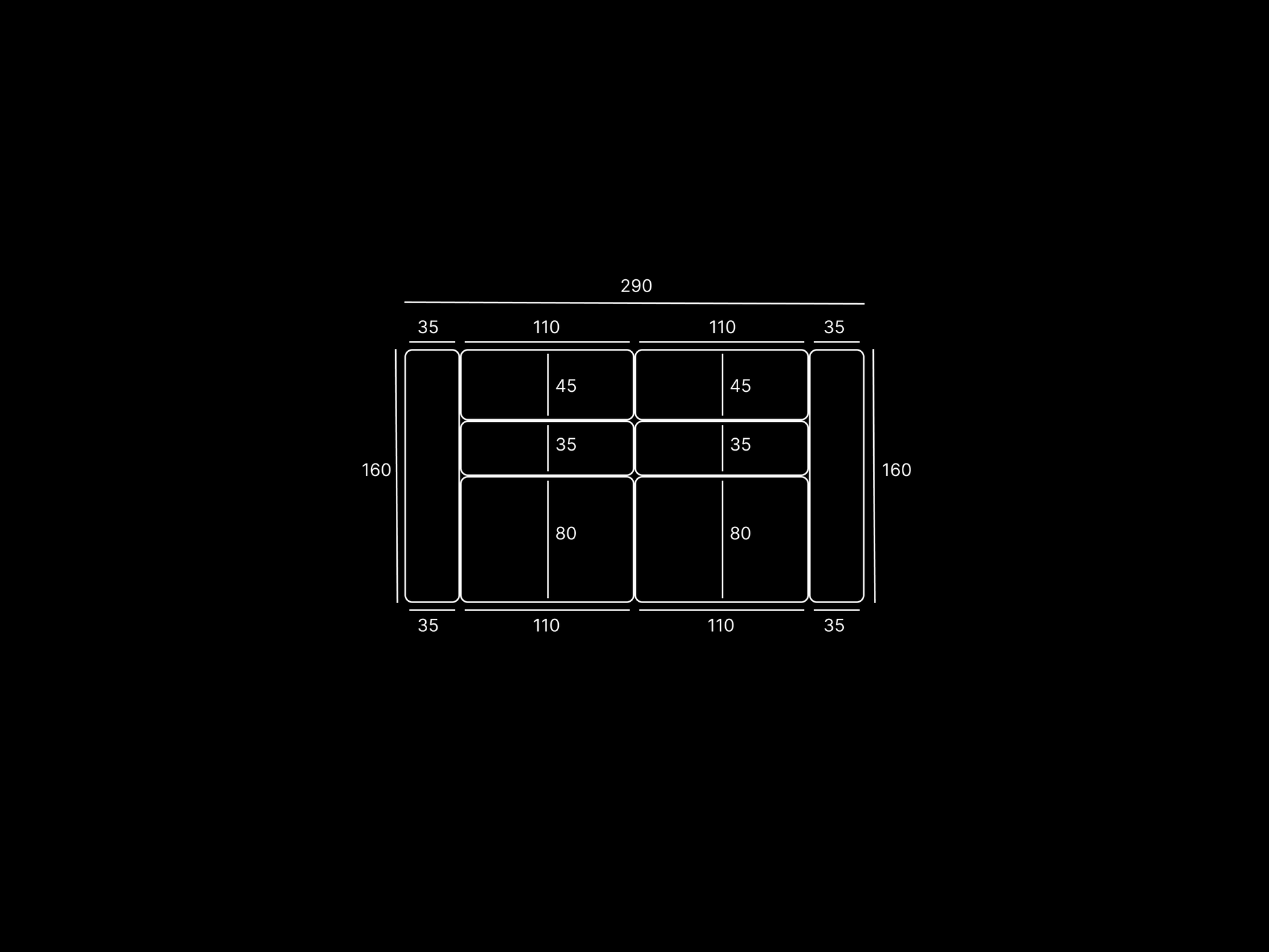 Technical drawing of a sofa