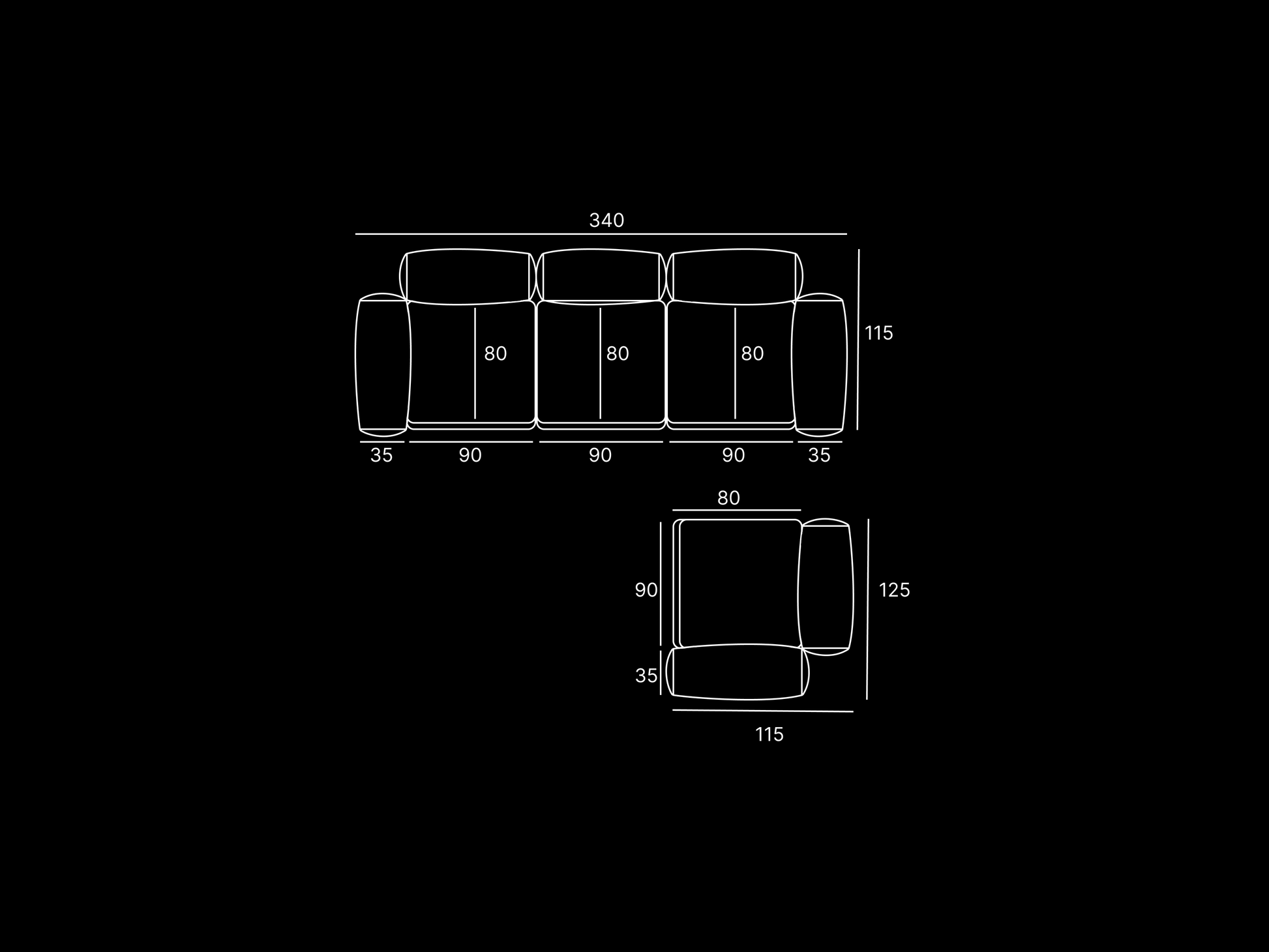 Technical drawing of a modular sofa from Talia Haus