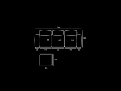 Technical drawing of a sectional sofa with dimensions on a black background