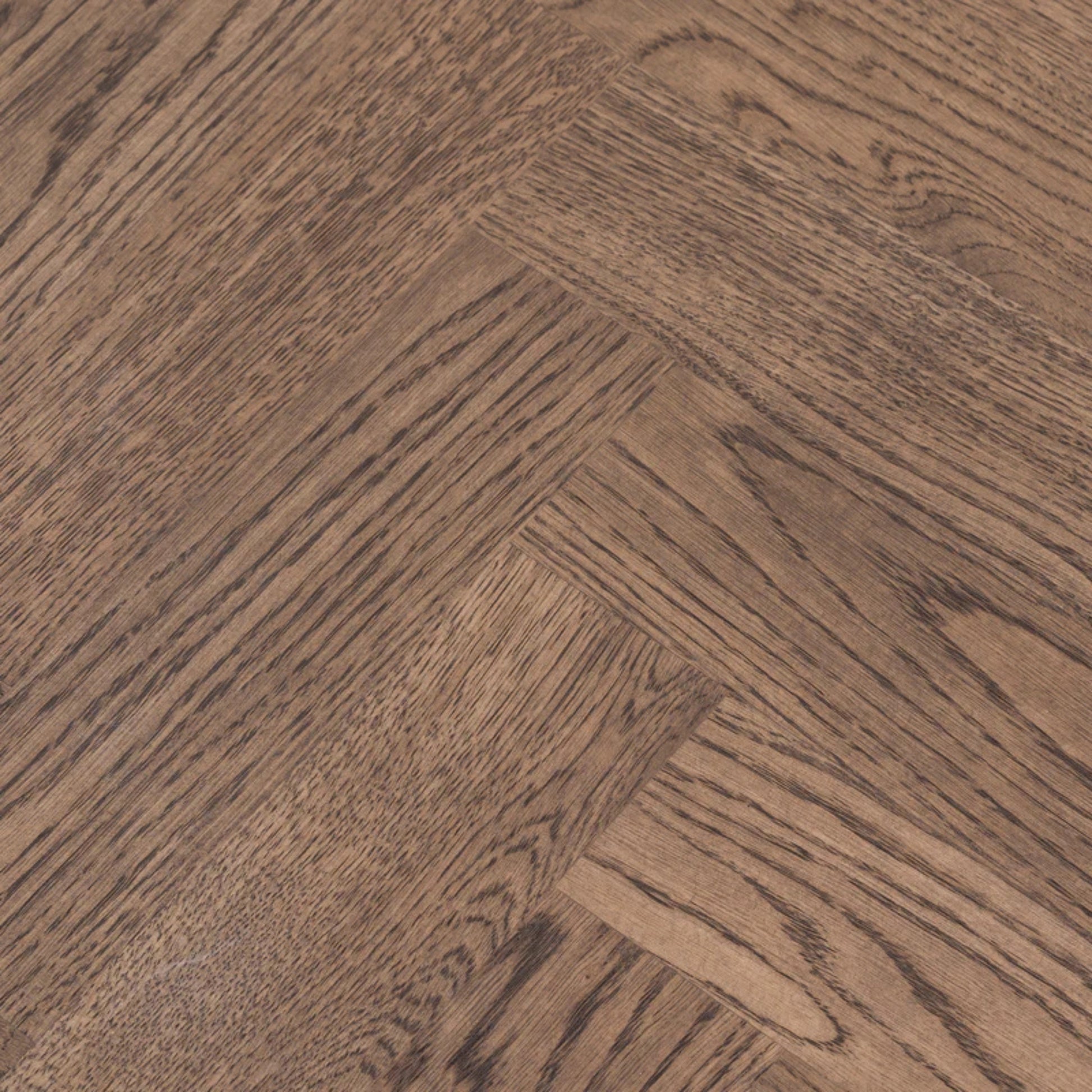 Gaia herringbone solid wood extendable dining table in chocolate oak with cross wood legs – luxury solid wood furniture piece.