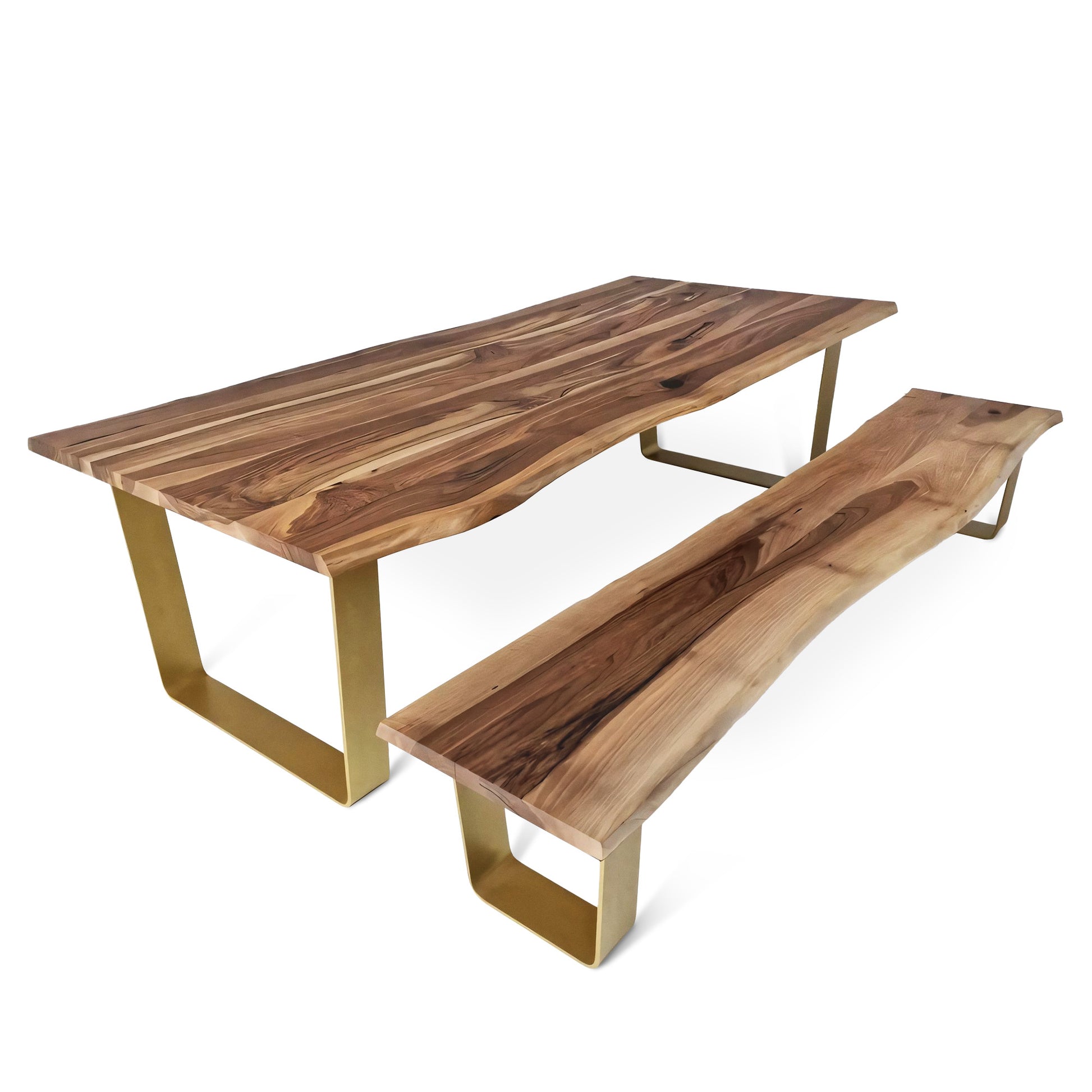 Bespoke walnut table with golden U-shaped metal legs. Combines rich wood grain with sleek design for a warm, stable, and luxurious look.