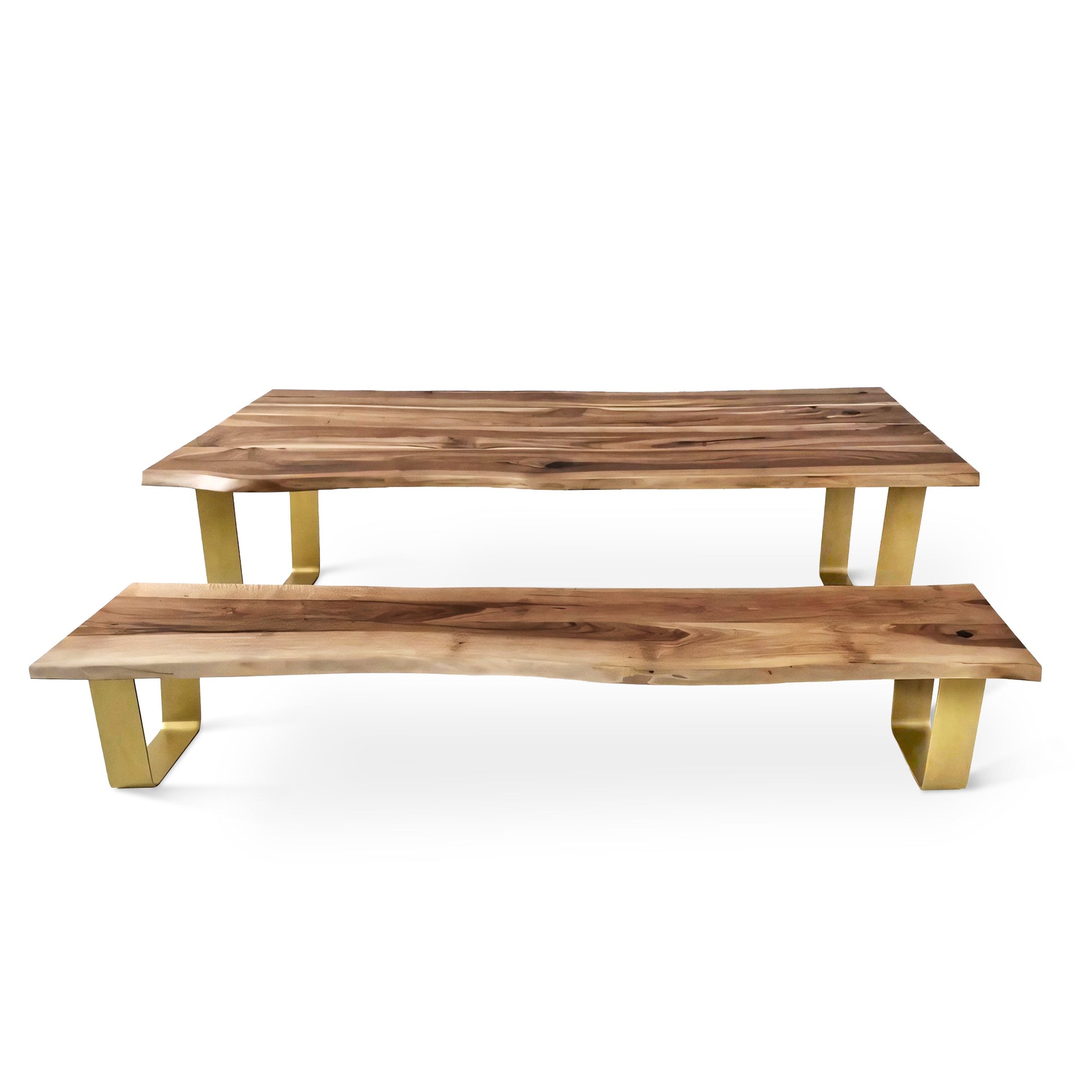 Bespoke walnut table with golden U-shaped metal legs. Combines rich wood grain with sleek design for a warm, stable, and luxurious look.