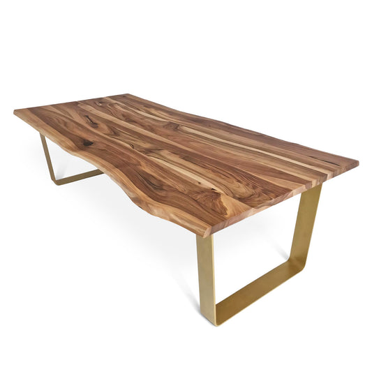 Bespoke walnut table with golden U-shaped metal legs. Combines rich wood grain with sleek design for a warm, stable, and luxurious look.