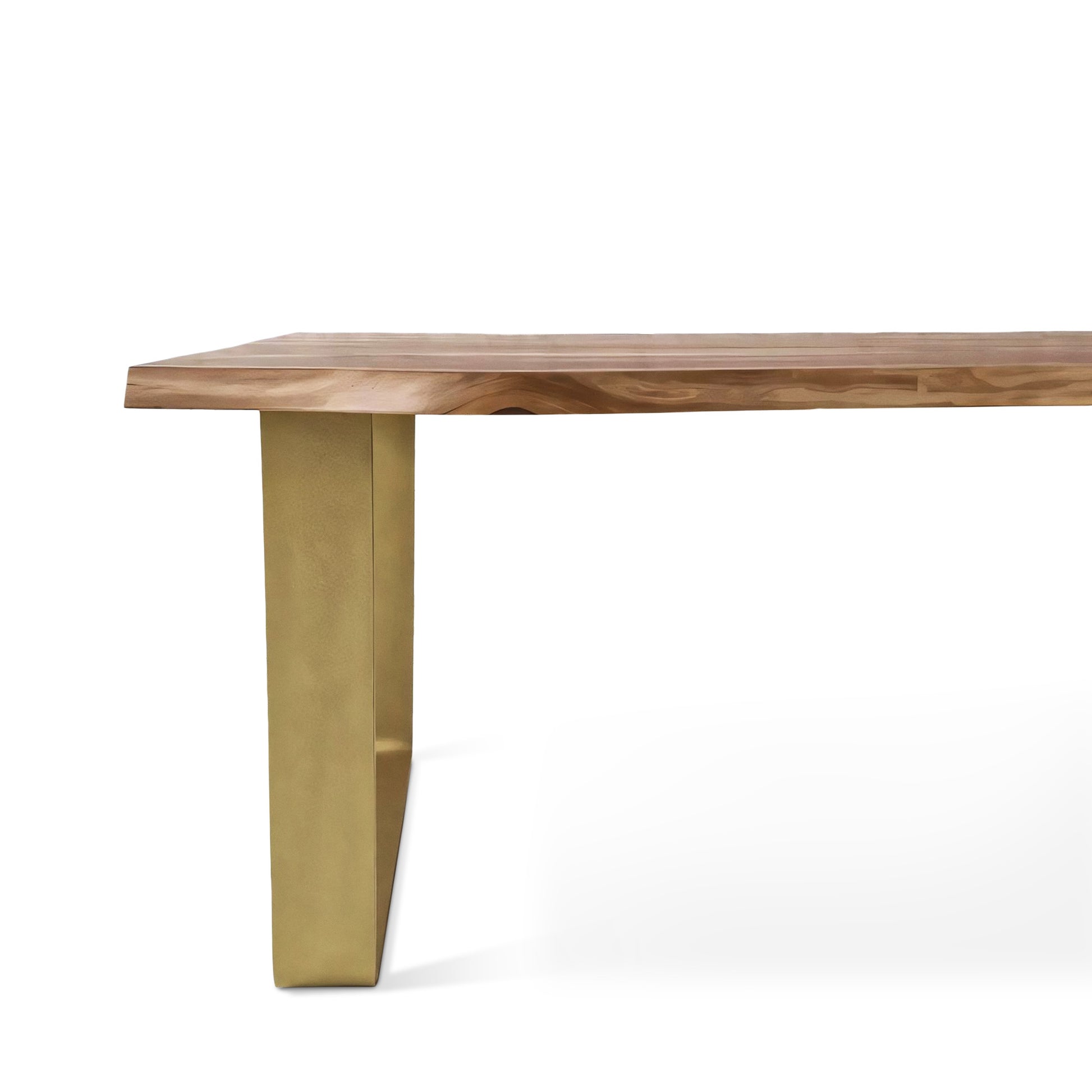 Bespoke walnut table with golden U-shaped metal legs. Combines rich wood grain with sleek design for a warm, stable, and luxurious look.