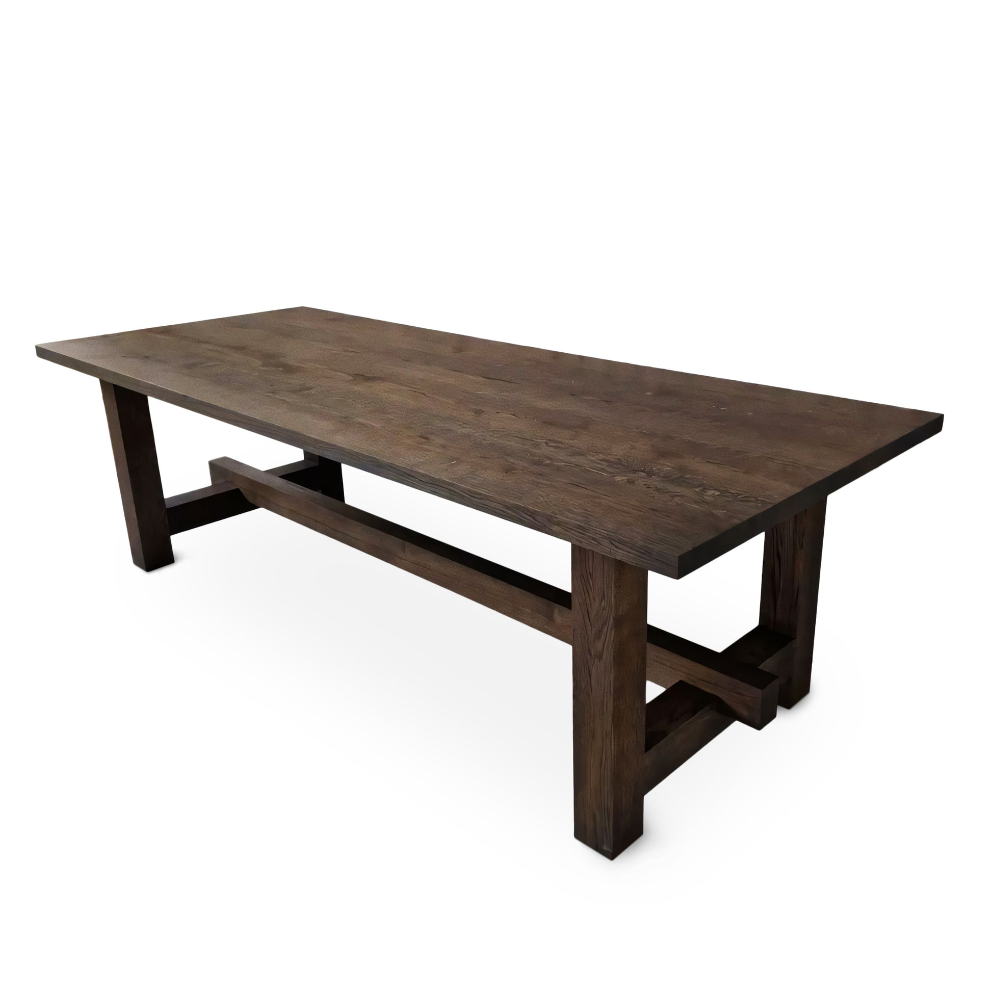Corner view of Elsa bespoke rustic farmer-style dining table – custom extendable rectangular table handcrafted from FSC-certified solid oak or walnut wood planks with closed leg design, showcasing sustainable luxury and premium craftsmanship.

