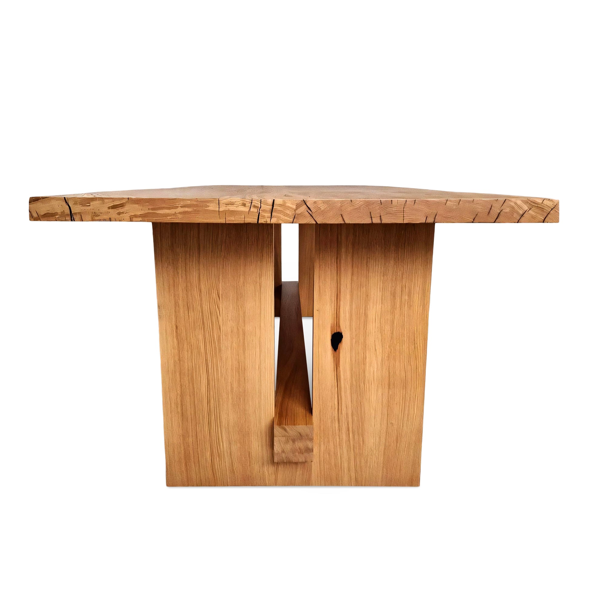 Corner view of Elsa bespoke rustic farmer-style dining table – custom extendable rectangular table handcrafted from FSC-certified solid oak or walnut wood planks with closed leg design, showcasing sustainable luxury and premium craftsmanship.
