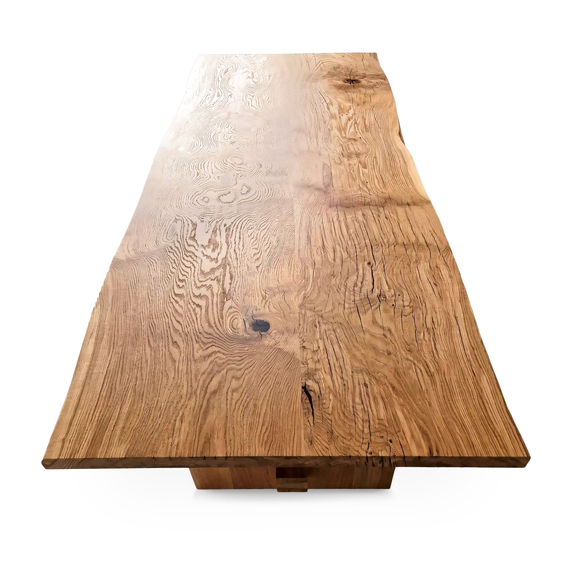 Corner view of Elsa bespoke rustic farmer-style dining table – custom extendable rectangular table handcrafted from FSC-certified solid oak or walnut wood planks with closed leg design, showcasing sustainable luxury and premium craftsmanship.

