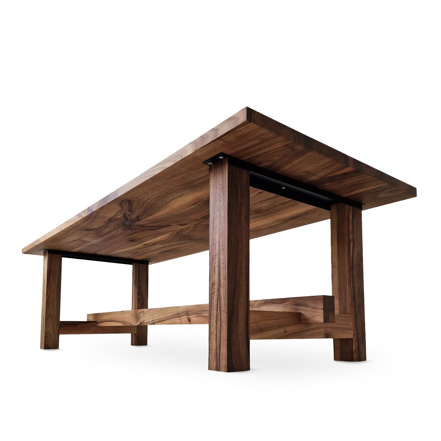 ELSA rustic farmer-style dining table made of solid walnut wood, rectangular and extendable, with open leg design, shown from a long undertable view.
