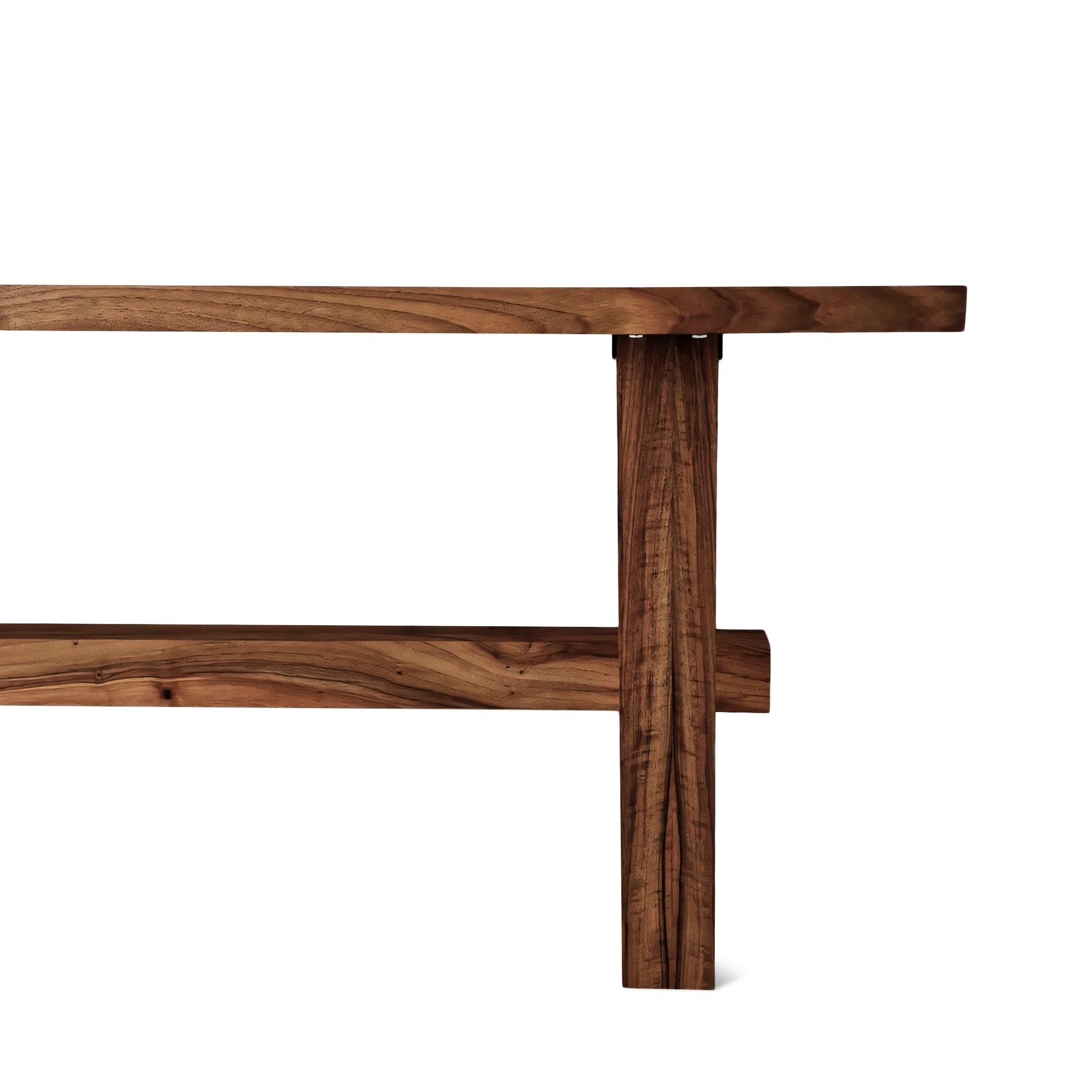 ELSA rustic farmer-style dining table made of solid walnut wood, rectangular and extendable, with open leg design, detailed view.
