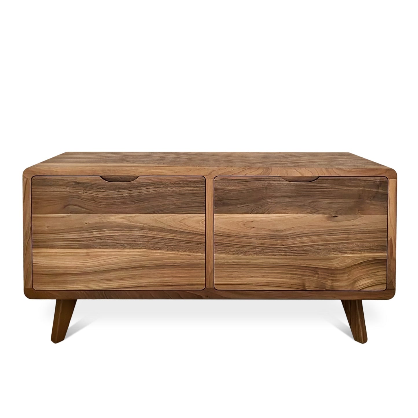 Ember solid wood sideboard in natural walnut, featuring a minimalist design with smooth lines and versatile storage compartments. Handcrafted from FSC-certified oak or walnut, this bespoke piece offers timeless elegance and a grounding presence, ideal for modern living rooms, dining areas, or entryways. Customizable in wood, color, and size, Ember blends sustainability, functionality, and serene style.