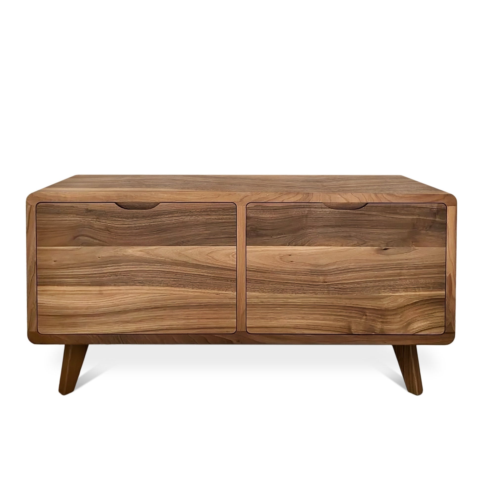 Ember solid wood sideboard in natural walnut, featuring a minimalist design with smooth lines and versatile storage compartments. Handcrafted from FSC-certified oak or walnut, this bespoke piece offers timeless elegance and a grounding presence, ideal for modern living rooms, dining areas, or entryways. Customizable in wood, color, and size, Ember blends sustainability, functionality, and serene style.
