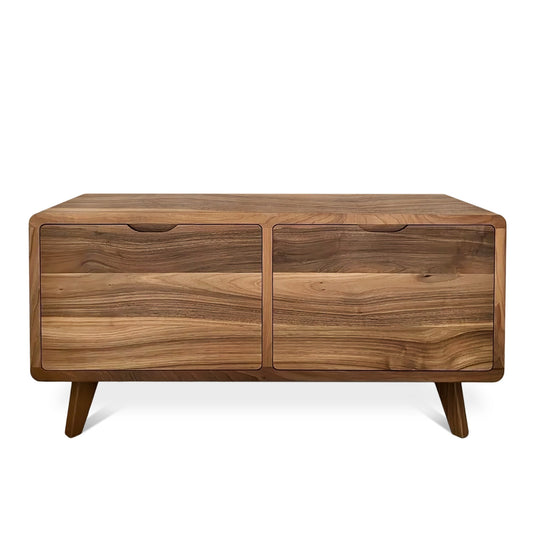 Ember solid wood sideboard in natural walnut, featuring a minimalist design with smooth lines and versatile storage compartments. Handcrafted from FSC-certified oak or walnut, this bespoke piece offers timeless elegance and a grounding presence, ideal for modern living rooms, dining areas, or entryways. Customizable in wood, color, and size, Ember blends sustainability, functionality, and serene style.