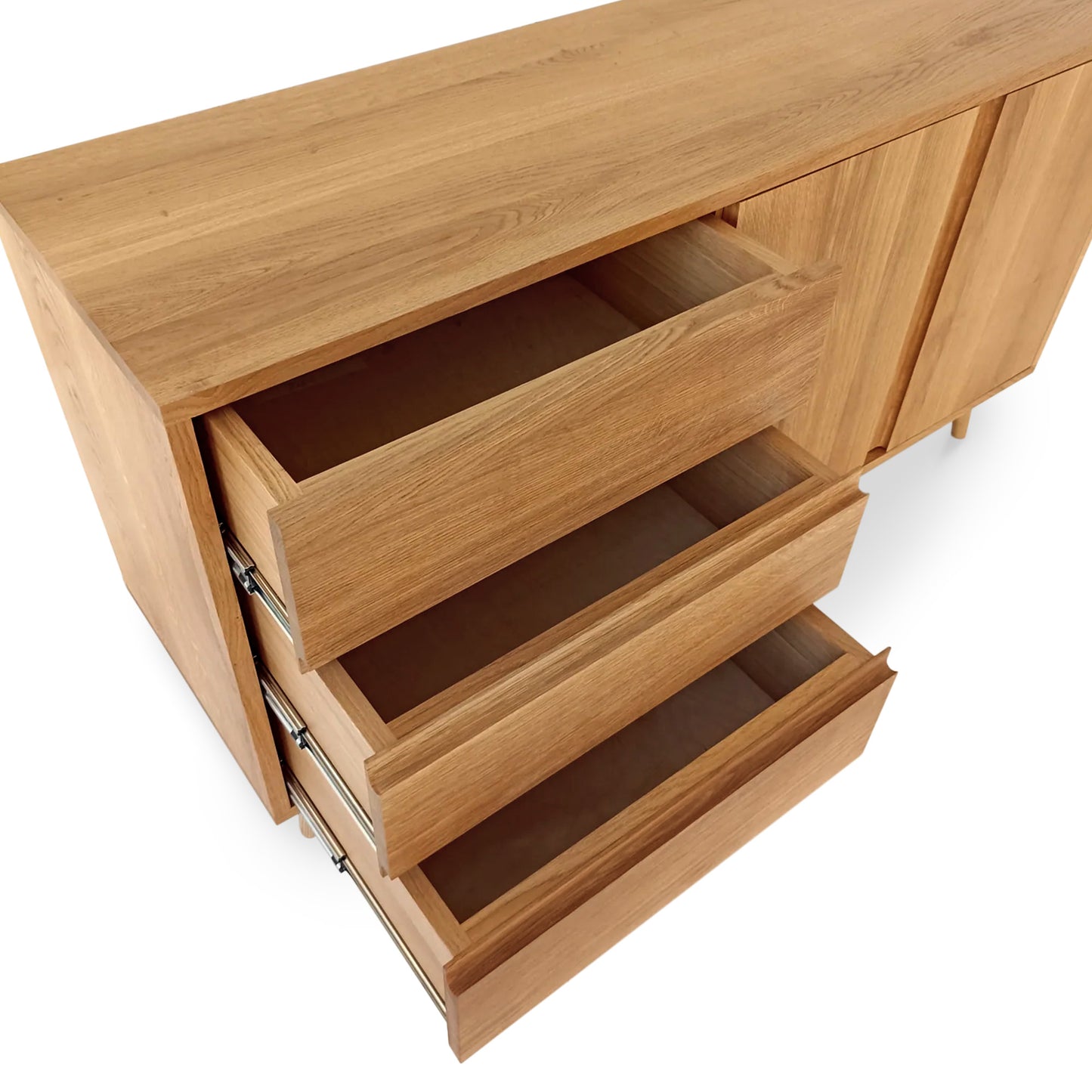 Custom made solid wood premium sideboard with storage in clear oak.