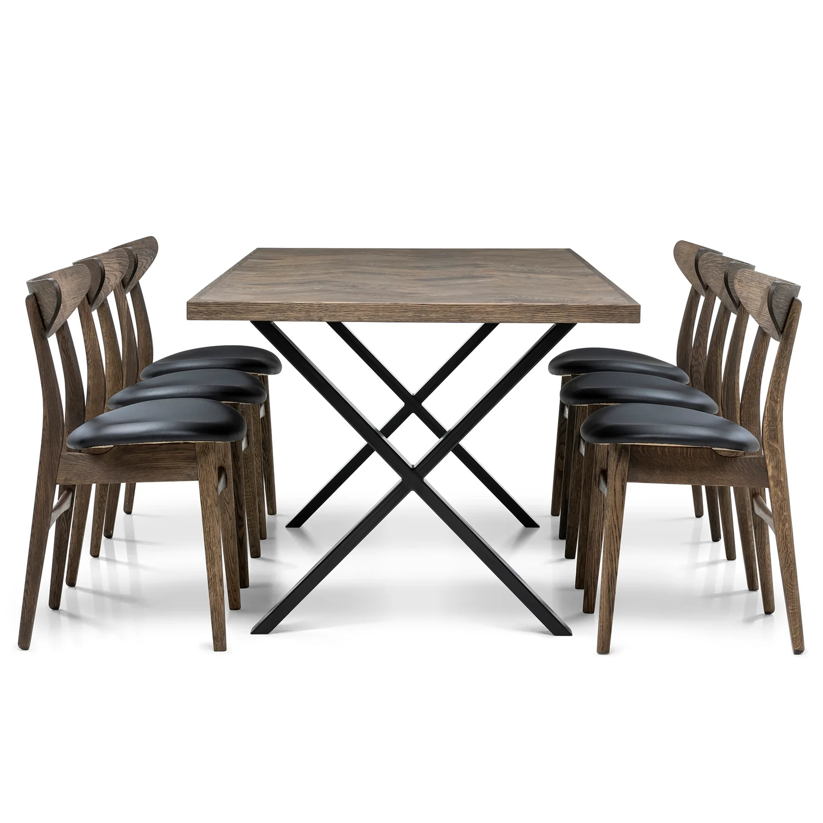 Gaia herringbone solid wood extendable dining table in charcoal oak with cross metal legs – luxury solid wood furniture piece.