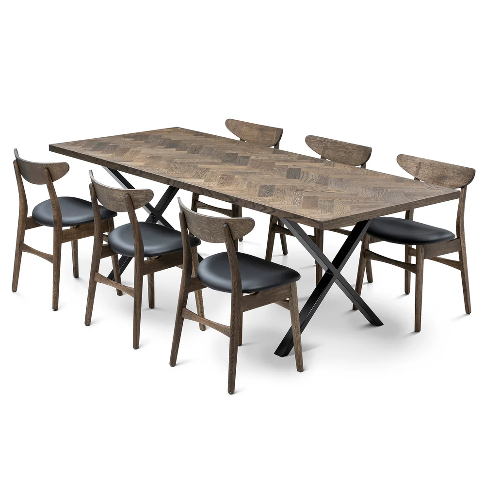 Gaia herringbone solid wood extendable dining table in charcoal oak with cross metal legs – luxury solid wood furniture piece.